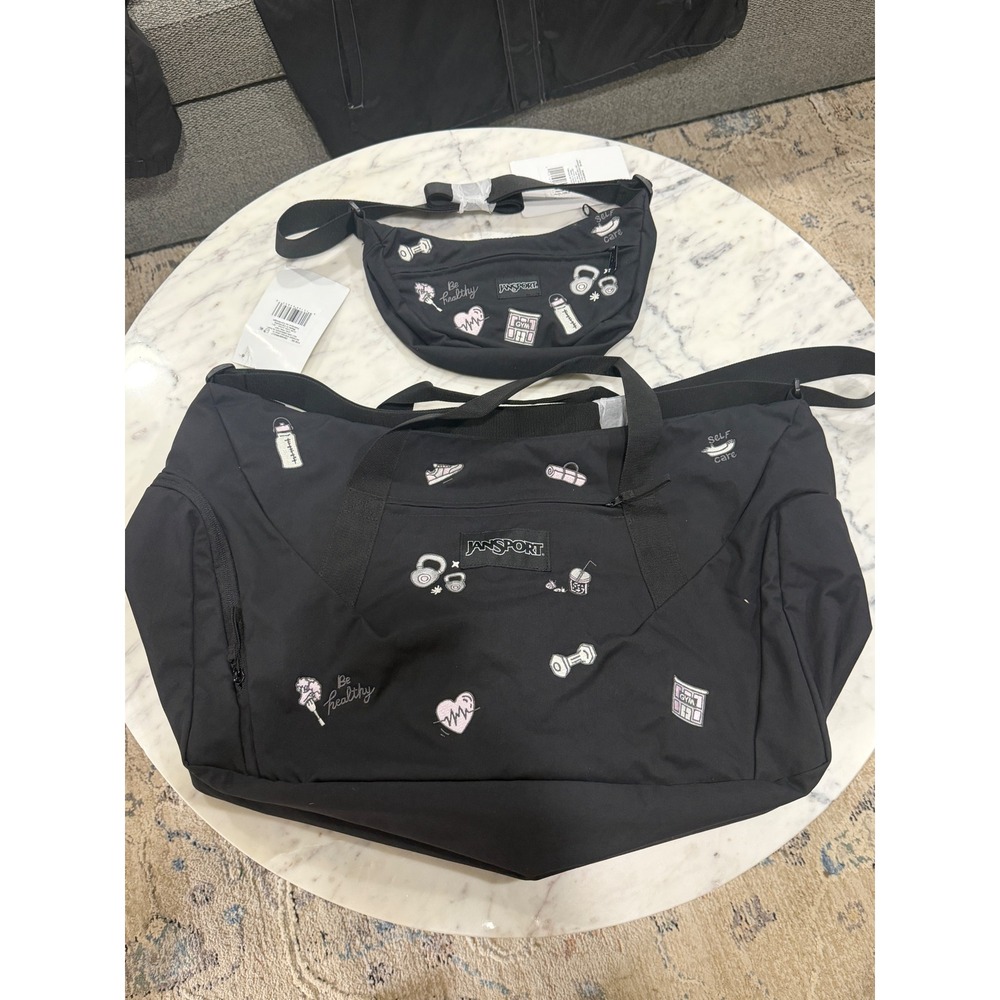 JanSport Black Duffel and Crossbody Bag Set Embroidered Fitness Patches NWT